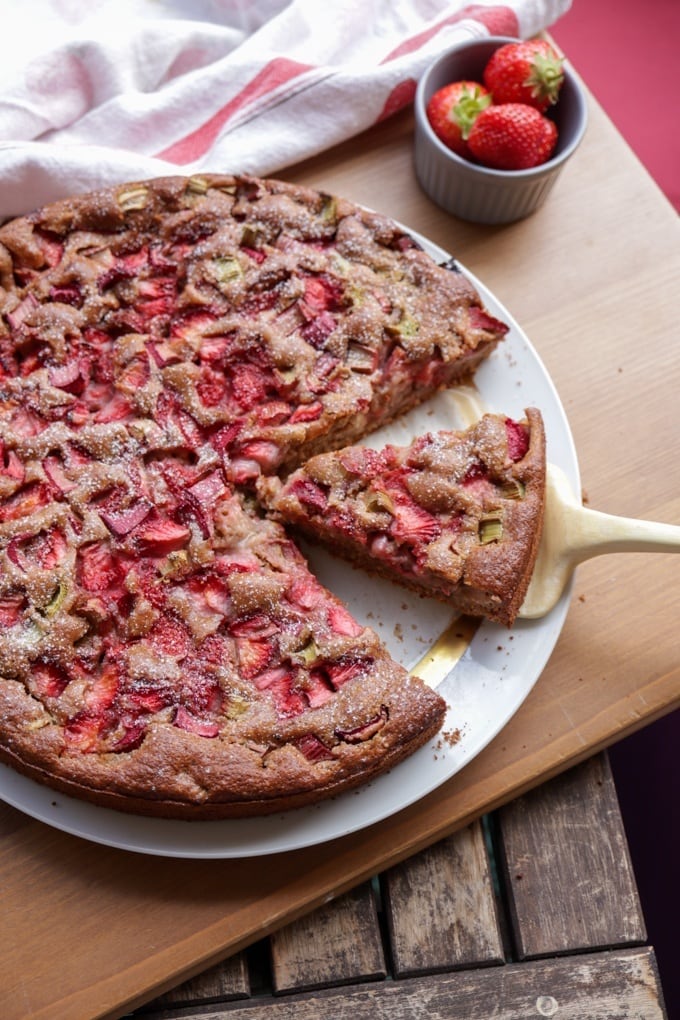 Easy Vegan Strawberry and Rhubarb cake
served on a plate 