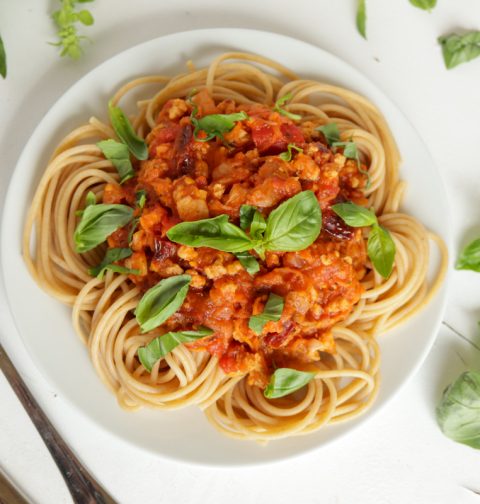 Vegetarian Spaghetti Bolognese with TVP