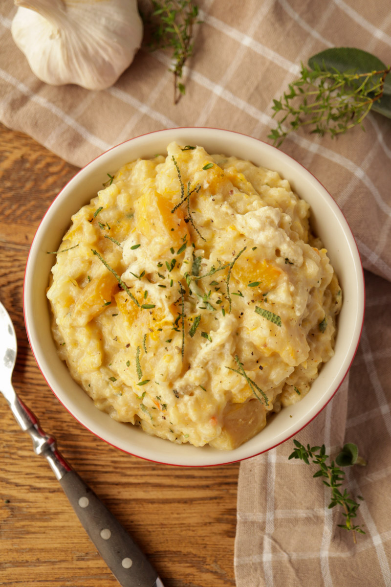 Kürbisrisotto mit selbstgemachtem veganem Frischkäse
